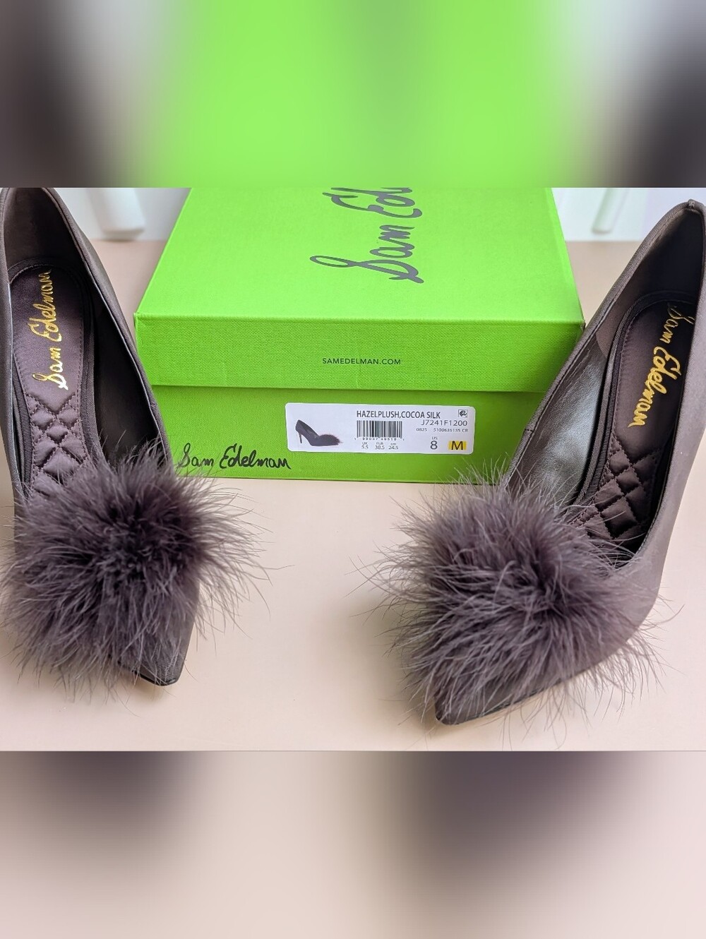 NWT Sam Edelman Hazel Feather Embellished Pumps Cocoa Satin Size 8 MSRP $165 - Picture 5 of 14